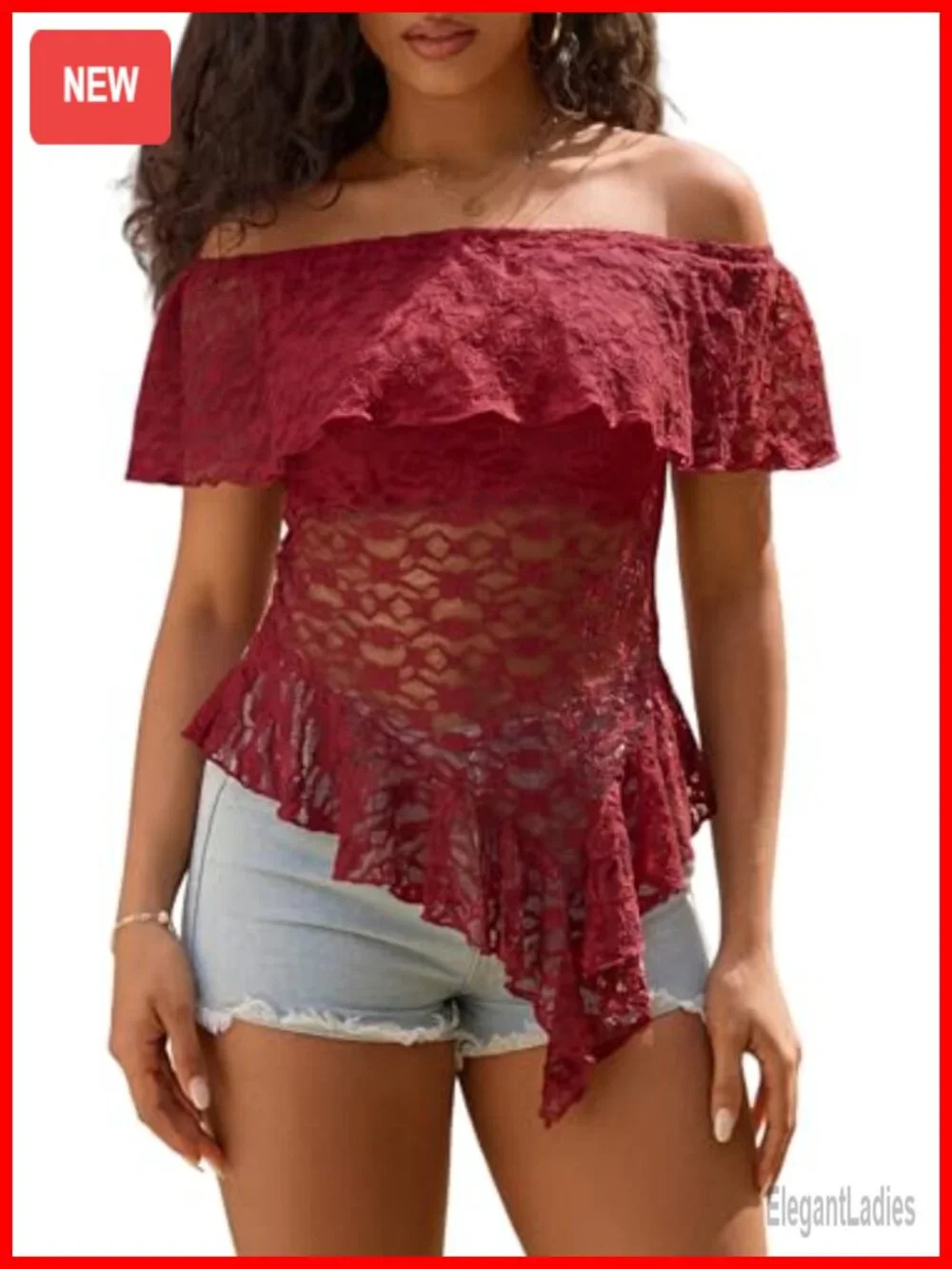 Off Shoulder Lace Top Sheer See Through Short Sleeve Blouse